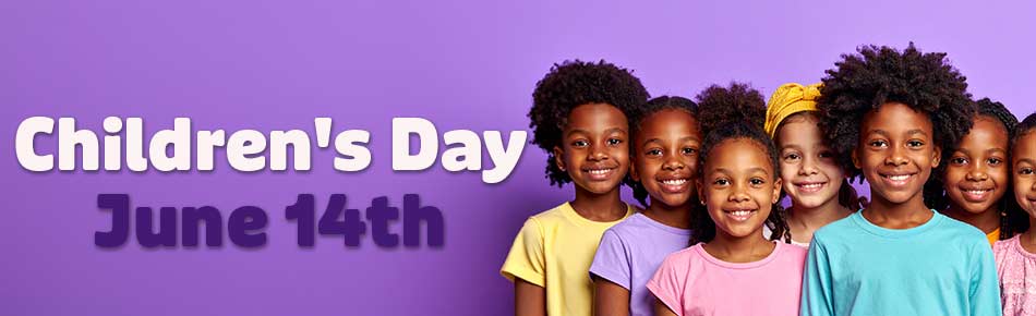 purple banner with smiling youth to advertise childrens day on june 14th