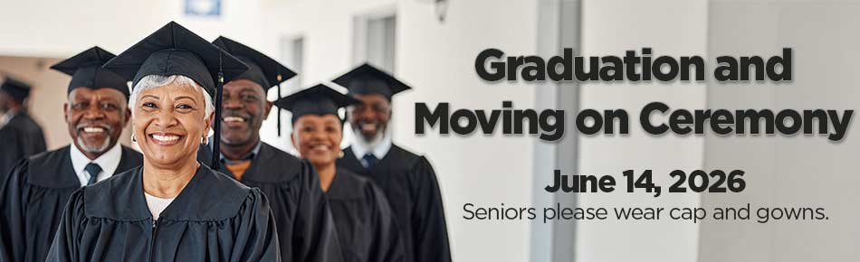 banner with senior citizens in cap an gowns to advertise the Graduating and Moving Day